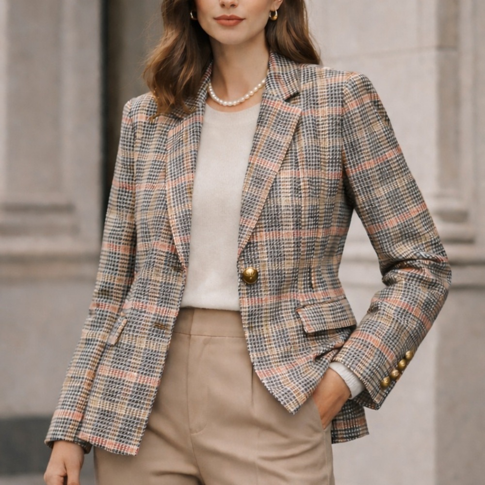 LOFT Plaid Blazer Size 14 Tailored Preppy Neutral Quiet Luxury Jacket Tailored